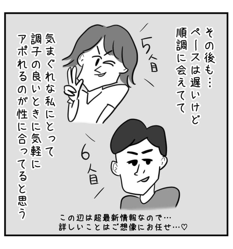 その後もペースは遅いけど順調に会えてて、気まぐれな私にとって調子の良い時に気軽にアポれるのが性に合ってるなと思う